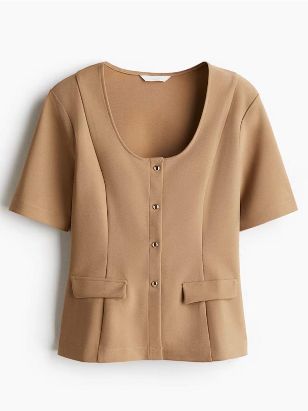 H&M Short-Sleeve Scoop Neck Button Front Top in Camel Brown